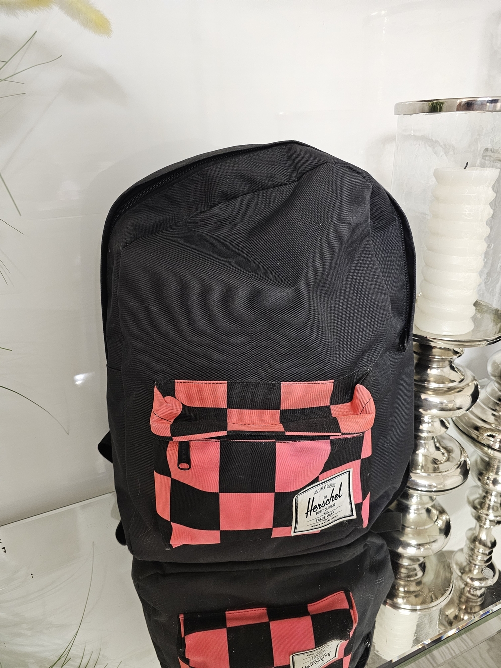 Herschel Supply Company Black Backpack with Pink Checker Front Pocket
